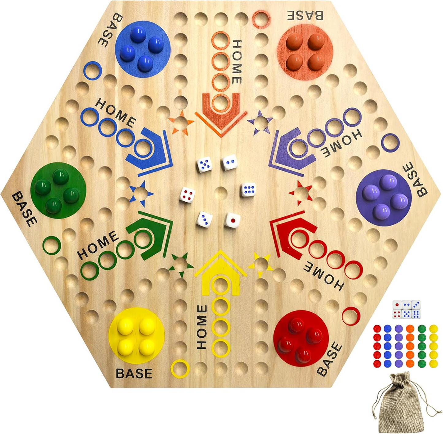 Wooden Board Game, Aggravation Board Game Original Marble Game Double Sided Painted 2 to 6 Player Fast Track Board Game Wooden with 6 Colors 24 Marbles 6 Dice for Adults Kids Family