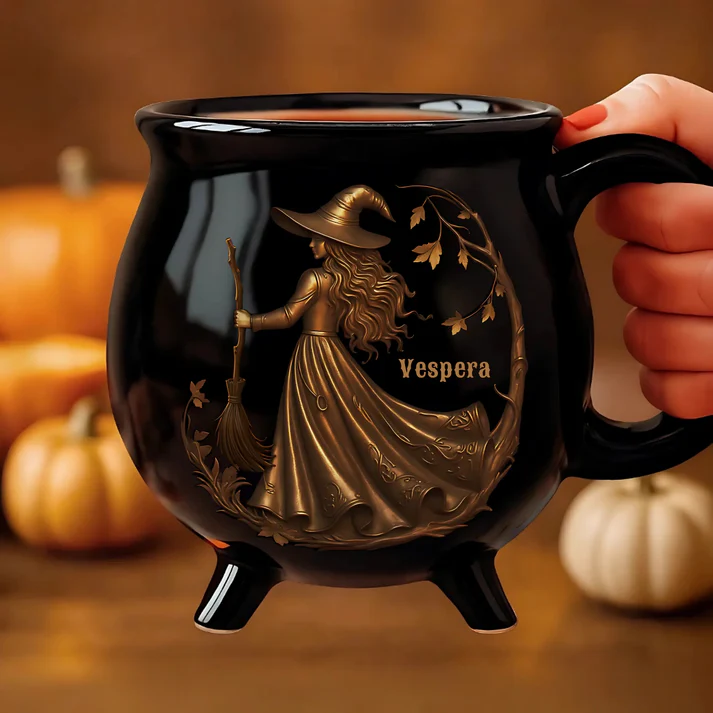 Custom Ceramic Cauldron Coffee Mug – Personalized Halloween Witchy Gift for Besties, Sisters, BFFs, Family & Yourself – “Midnight Magic” Cup