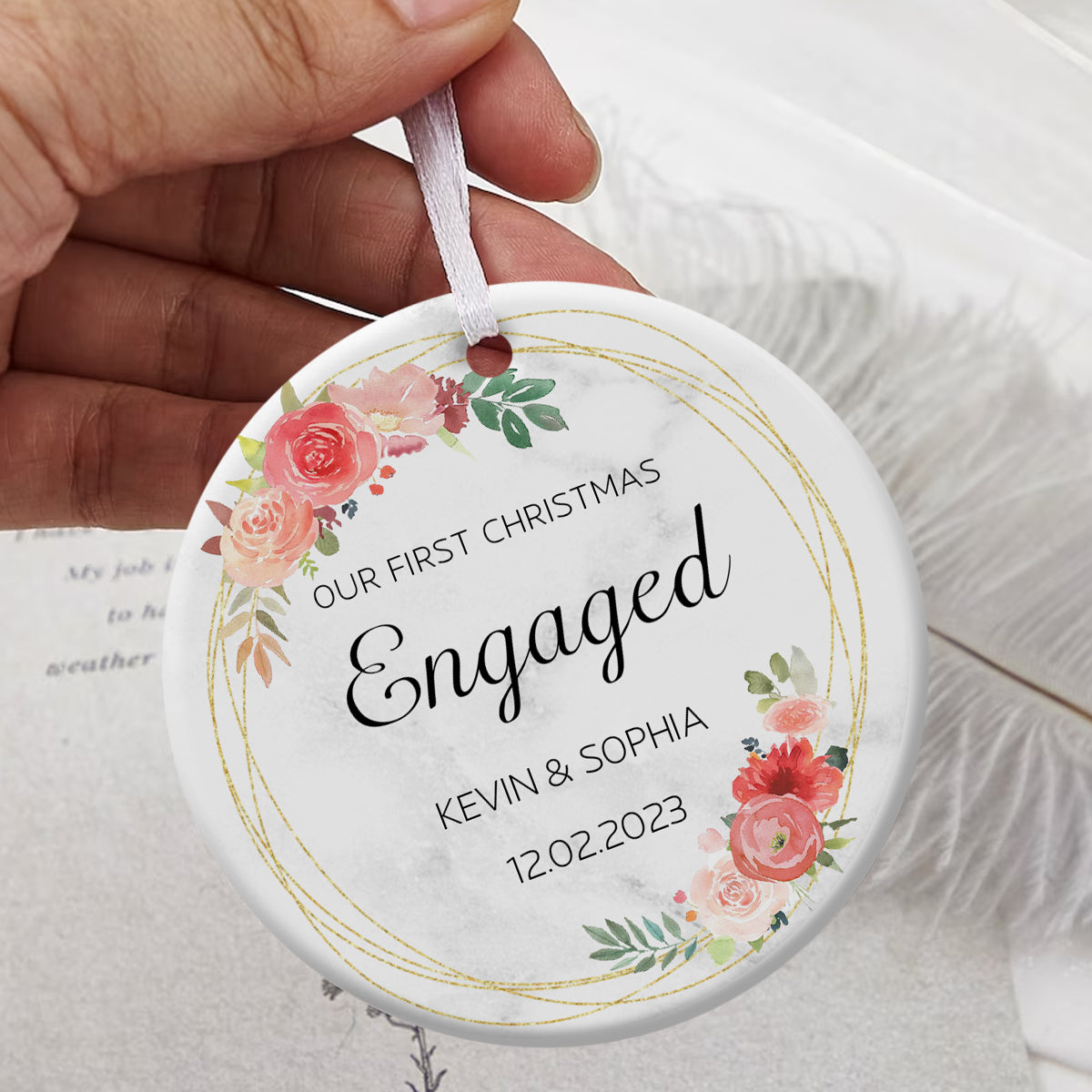 First Christmas Engaged Pink Flowers Wreath - Personalized Ornament - Christmas Gift