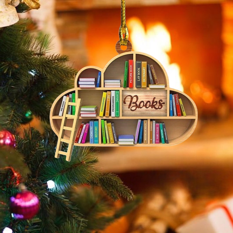 Christmas Tree Decoration -Book Lovers Gift - Librarian Ornament - Personalized Acrylic Ornament - Lover Bookworm - Bookshelf Custom Name