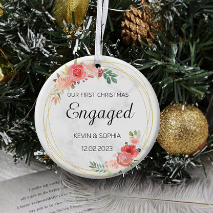 First Christmas Engaged Pink Flowers Wreath - Personalized Ornament - Christmas Gift
