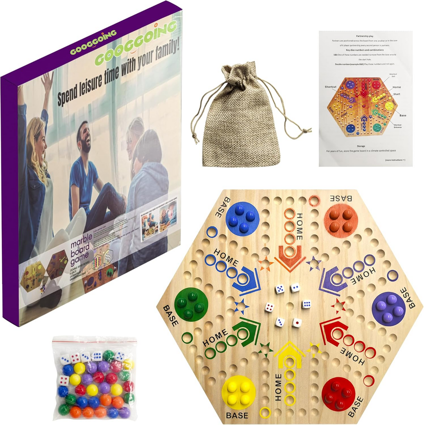 Wooden Board Game, Aggravation Board Game Original Marble Game Double Sided Painted 2 to 6 Player Fast Track Board Game Wooden with 6 Colors 24 Marbles 6 Dice for Adults Kids Family