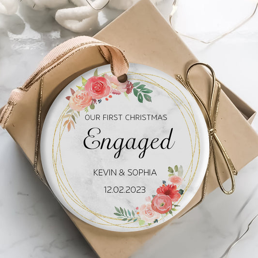First Christmas Engaged Pink Flowers Wreath - Personalized Ornament - Christmas Gift