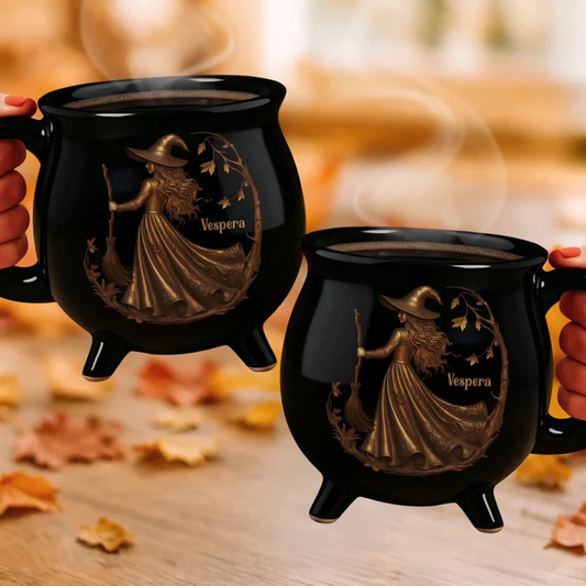 Custom Ceramic Cauldron Coffee Mug – Personalized Halloween Witchy Gift for Besties, Sisters, BFFs, Family & Yourself – “Midnight Magic” Cup