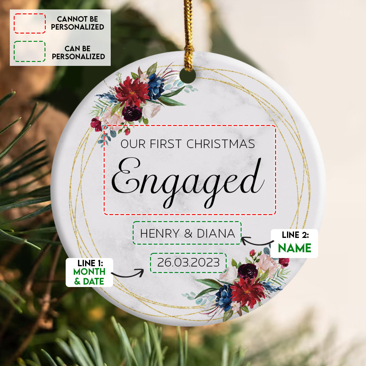 First Christmas Engaged Tropical Flowers - Personalized Ornament - Christmas Gift
