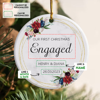 First Christmas Engaged Tropical Flowers - Personalized Ornament - Christmas Gift