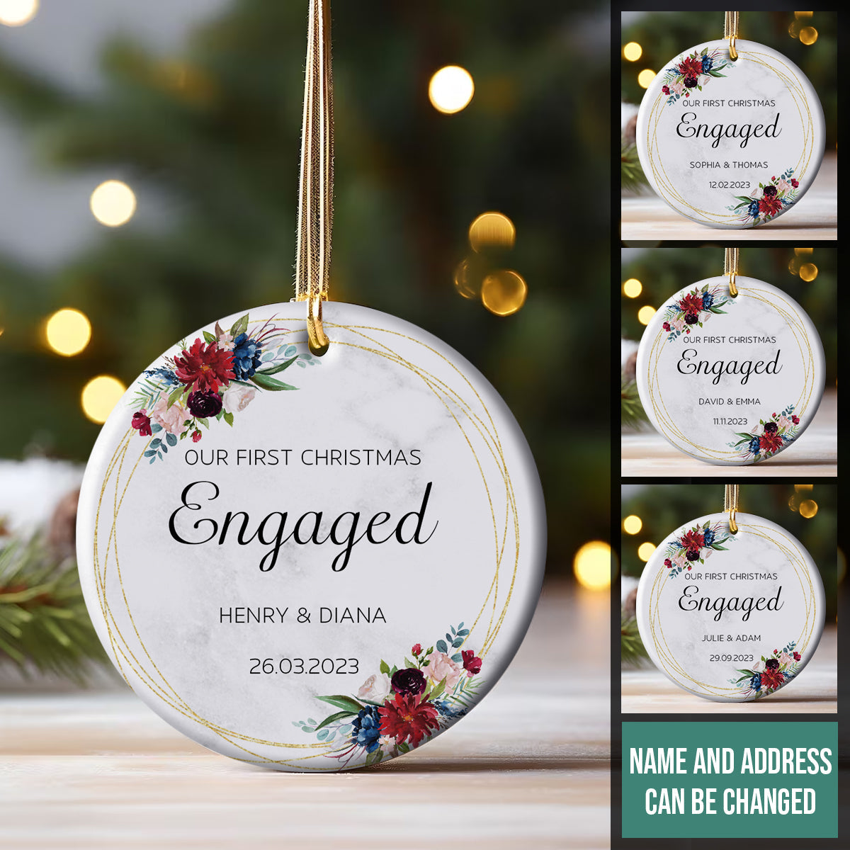 First Christmas Engaged Tropical Flowers - Personalized Ornament - Christmas Gift