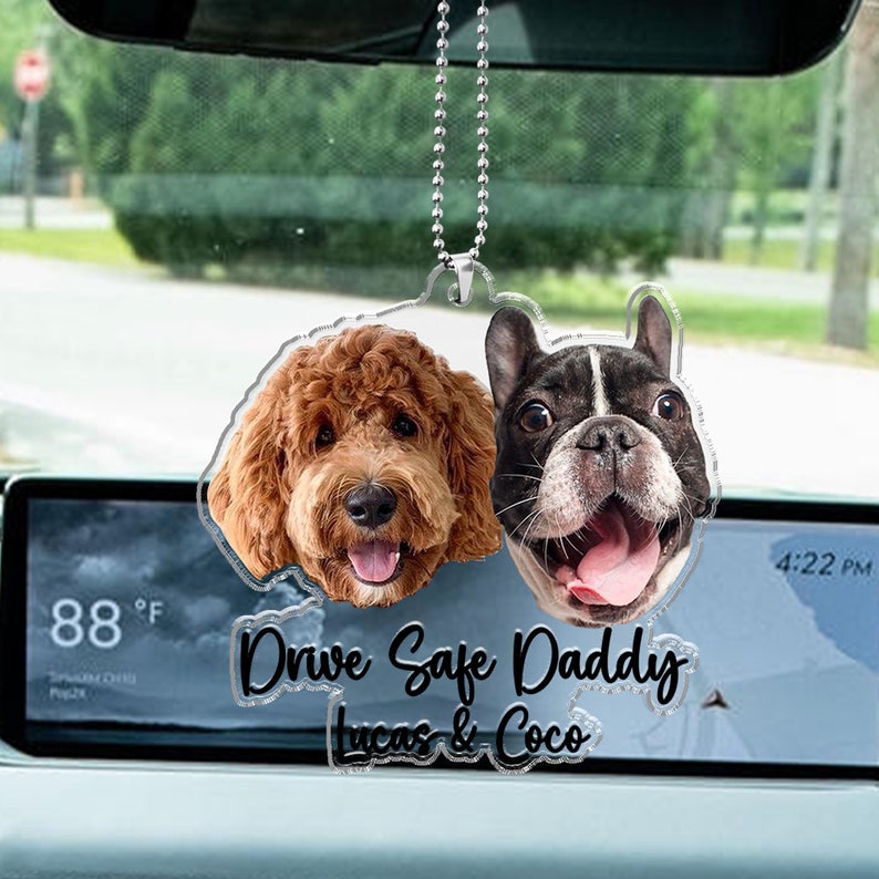 Fathers Day Gifts For Dog Dad, Custom Hanging Pet Photo Car Ornament, Dog Lovers Gifts, Car Accessories, Personalized Drive Safe Daddy Gifts